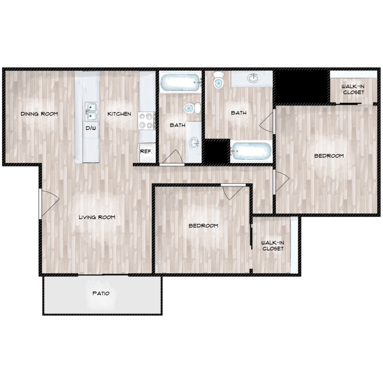 Floor plan for 2 beds, 2 baths, 935 sqft